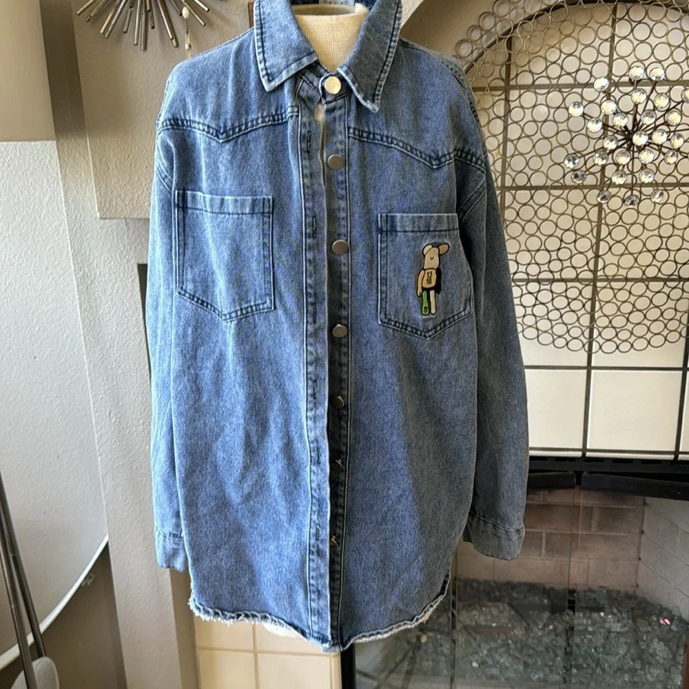 european Japanese denim button down size large shirt with pocket bear